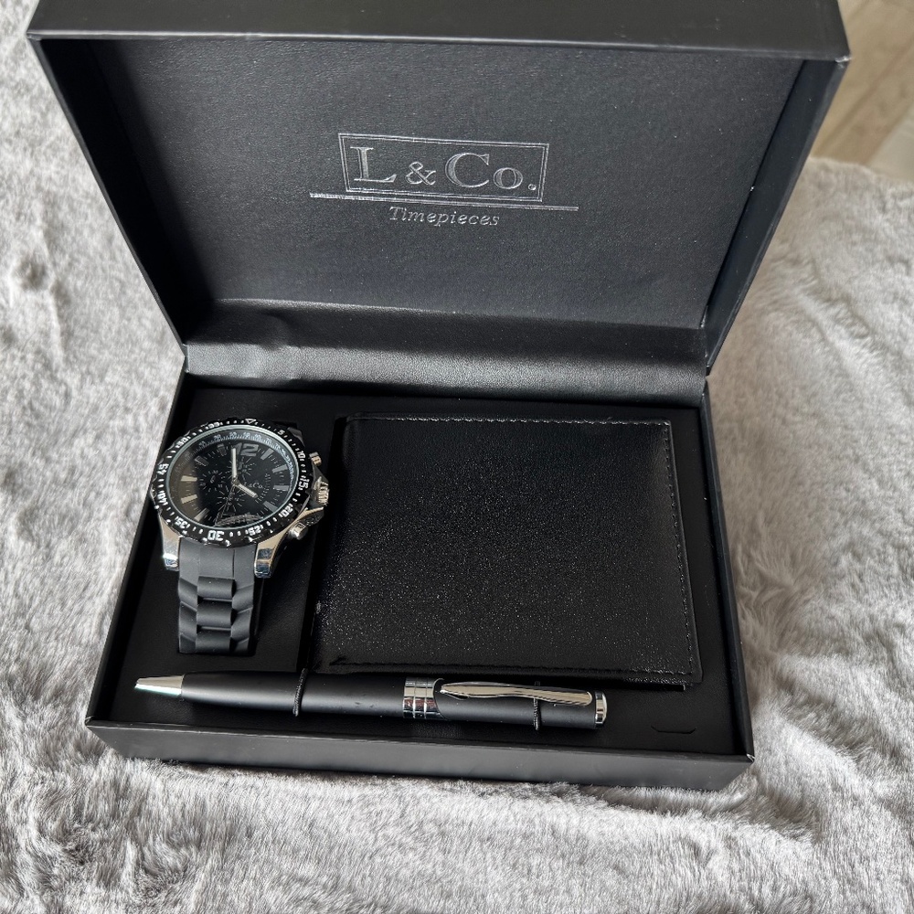 L & Co Timepieces Black Watch with Wallet and Pen